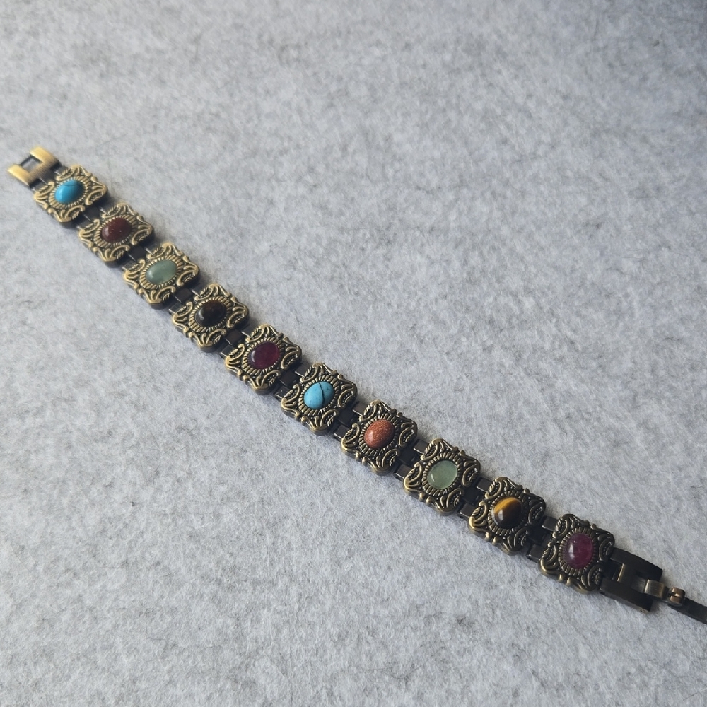 Publishers Clearing House Multi- Stone Bracelet Antiqued Goldtone 6 Inches